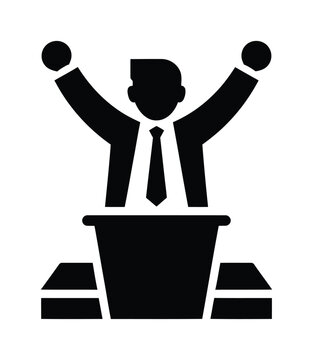 Vector graphic of a man in a suit standing triumphantly behind a podium in black