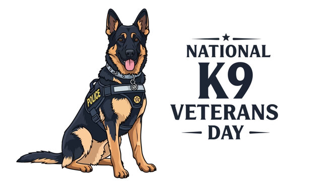 Illustration of a German Shepherd dog wearing a vest for National K9 Veterans Day