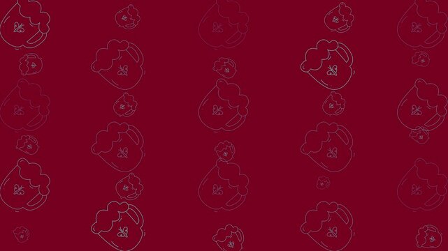 Food doodle stylized beer mugs repeat on a burgundy background for a fun illustration suitable for restaurant menus and beer festivals.