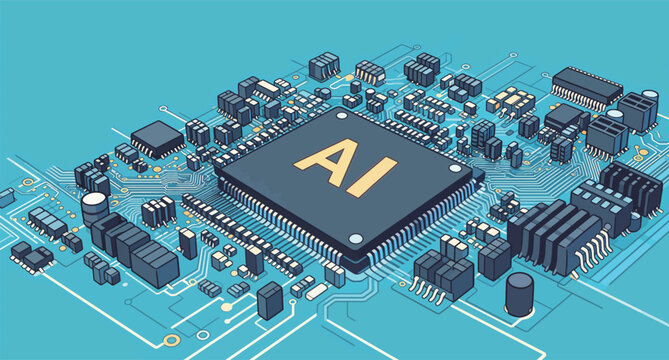 The design features a microchip with the letters AI at its center surrounded by various electronic components and circuits.