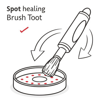 Spot healing brush tool demonstration showing correct usage on petri dish with red markers and instructional arrows for digital editing technique