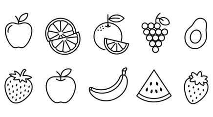 fruit icons set, simple line drawing style collection of apple banana orange strawberry pineapple grape watermelon mango cherry pear lemon peach kiwi avocado papaya clean outline vector for healthy fo © MD FARIDUL