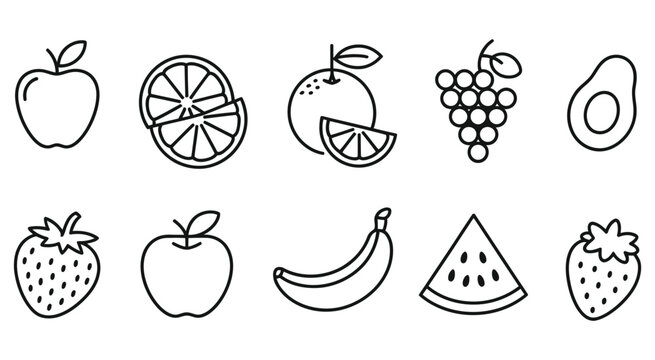 fruit icons set, simple line drawing style collection of apple banana orange strawberry pineapple grape watermelon mango cherry pear lemon peach kiwi avocado papaya clean outline vector for healthy fo