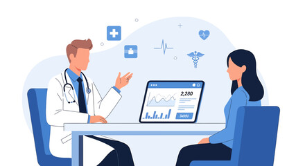 Doctor consulting patient with digital tablet showing medical data and charts