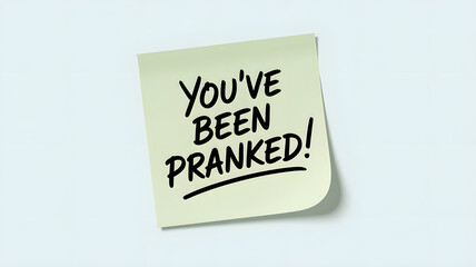 A square sticky note with You've been pranked message on a plain white surface viewed from directly above showing surprise and humor