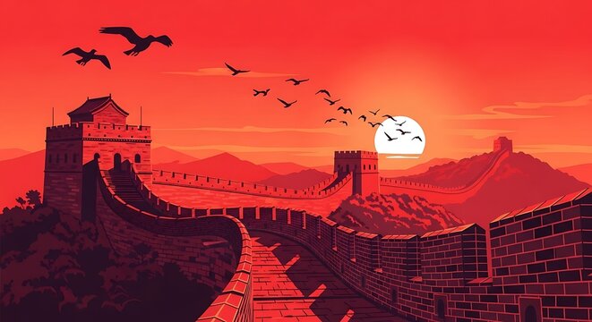 The great wall of china at sunset with birds flying