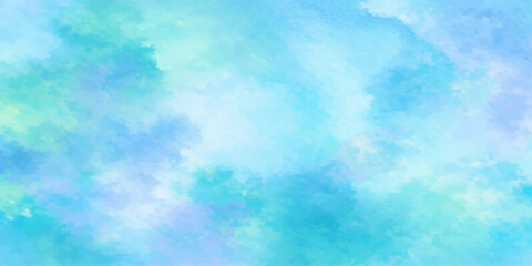 A beautiful abstract watercolor background featuring a bright blue sky filled with natural white clouds and glowing sunlight in a clear summer atmosphere