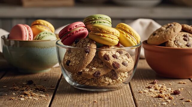 Delicious Assortment of Cookies and Macarons in Bowls on Wooden Table.