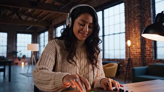 Young woman wearing headphones mixes music on a pad controller at a desk in a brick loft studio, warm lamp light and focused calm creative mood