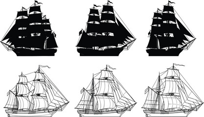 Historic sailing ship vector illustration set with silhouettes and detailed line drawings, tall ships with sails, rigging, nautical maritime artwork © Md nasir
