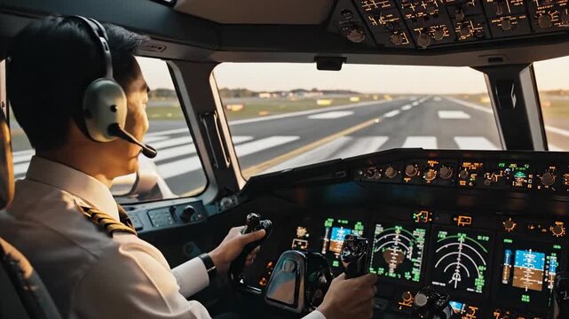 Airline pilot in cockpit during takeoff roll, runway centerline ahead at sunrise, focused professional mood with glowing avionics and flight controls