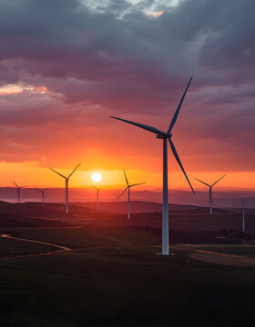 Wind Turbines Generating Clean Renewable Energy at Sunset