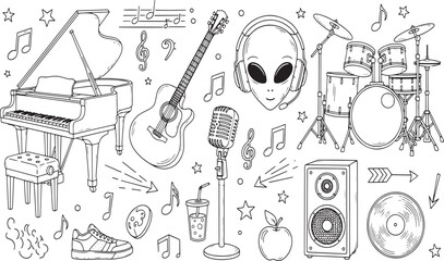 Musical instruments and lifestyle elements featuring piano guitar drums and alien head in a creative hand drawn vector illustration doodle art © Kanon Islam