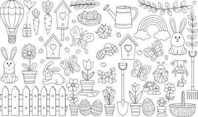Fototapeta premium Gemini said Spring gardening and easter celebration elements with cute bunnies flowers birdhouses butterflies nature and garden tools hand drawn vector illustration doodle art