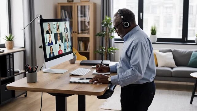 Man in home office joins video conference on desktop screen, he takes notes at standing desk, modern apartment workspace with daylight and calm focus