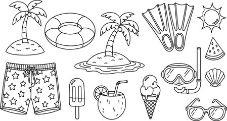 Summer beach vacation elements with tropical palm trees swimming gear sun and delicious ice cream treats hand-drawn vector illustration doodle art © Kanon Islam
