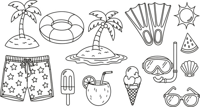 Summer beach vacation elements with tropical palm trees swimming gear sun and delicious ice cream treats hand-drawn vector illustration doodle art