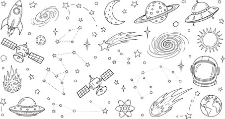Outer Space Universe Galaxy Planets Stars Rockets Satellites Astronauts and Aliens Doodle Collection in Black and White Outline hand-drawn vector illustration doodle art © Kanon Islam