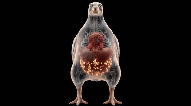 3D X-Ray Animation of Digestive Enzyme Activity Inside Chicken Gizzard with Amber Glowing Particles