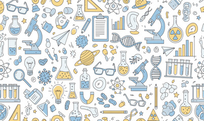 Science and laboratory education research elements with chemistry biology physics icons and medicine equipment seamless pattern hand drawn vector illustration doodle art © Kanon Islam