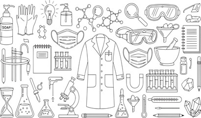 Obraz premium Comprehensive collection of science laboratory equipment and chemistry research tools featuring lab coat microscope test tubes and goggles hand-drawn vector illustration doodle art