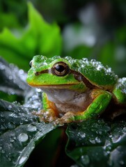 Fototapeta premium A vibrant green tree frog sitting on a wet leaf,