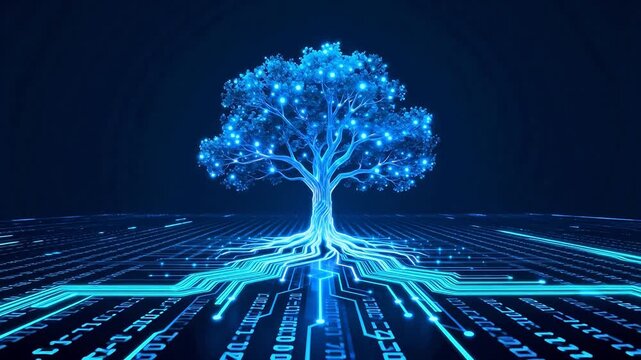 Digital tree with glowing roots on circuit board