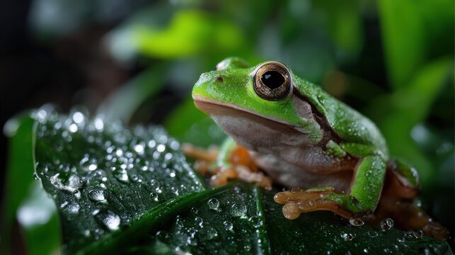 A vibrant green tree frog sitting on a wet leaf,