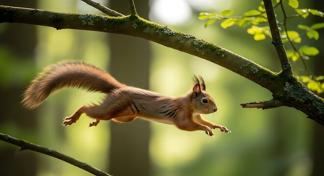 A brown squirrel jumps from a tree branch in a forest with green leaves and sunlight filtering through.