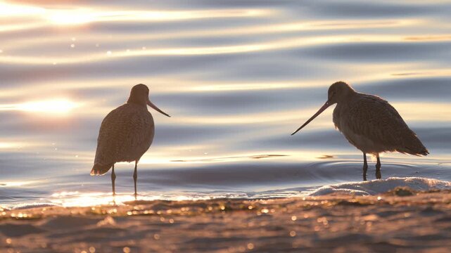 marbled godwit foraging at the beach
