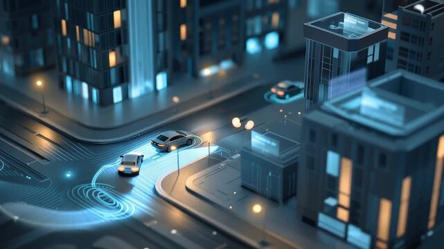 Autonomous vehicles navigating city intersection digital illustration