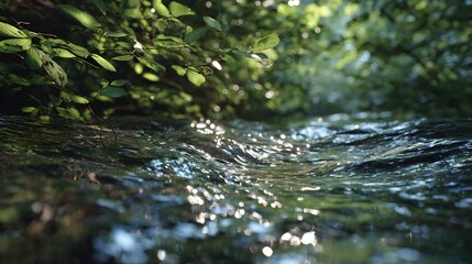 Fototapeta premium Macro shoot of clear forest stream water with sunlight sparkling