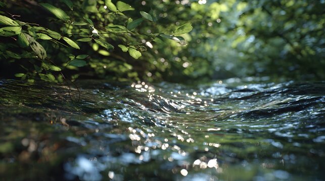 Macro shoot of clear forest stream water with sunlight sparkling