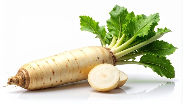 Fresh Daikon Radish with Green Leaves on White Background.