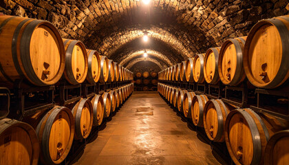 Naklejka premium Cinematic winery cellar interior with rows of oak barrels stacked on metal racks, warm lighting creates rustic and inviting atmosphere, stone arch ceiling enhances vintage charm