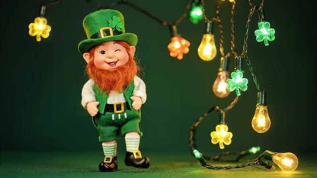 A cute leprechaun doll dances and winks happily among festive St. Patrick's Day lights.