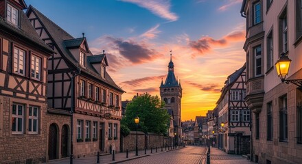 Fototapeta premium Quaint european street with half timbered houses at sunset