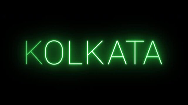 Flickering neon green glowing kolkata sign animated on black background.