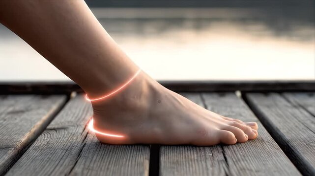Close-up side view of a bare foot with glowing orange contour lines indicating joint movement and circulation on a wooden deck by water at sunset