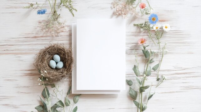 Rustic storybook flat lay of blank white 5x7 inch invitation card on light wood surface, surrounded by bird&rsquo;s nest with speckled eggs, sage leaves, and soft wildflowers in natural daylight.