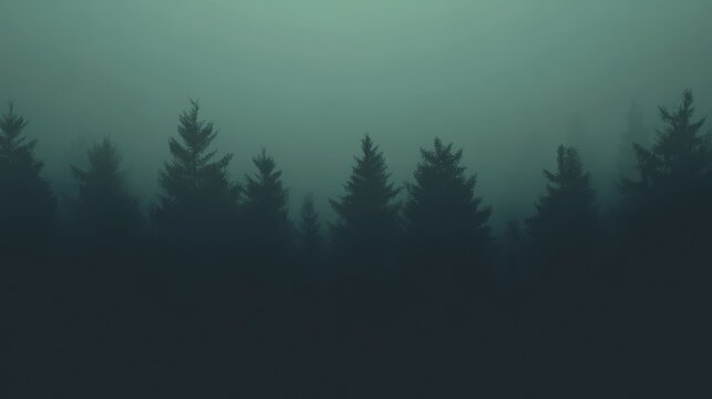 Mysterious Foggy Forest Landscape with Pine Trees Silhouetted Against a Soft Green Sky on a Gloomy Evening