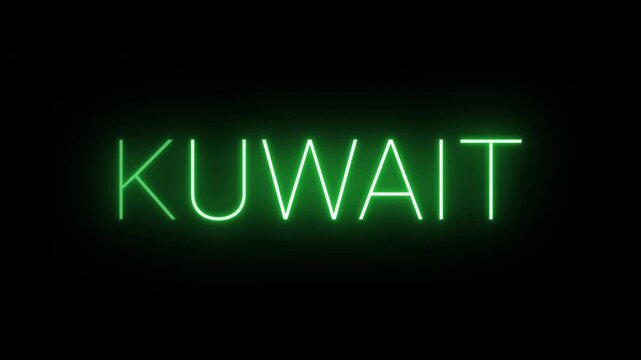 Flickering neon green glowing kuwait sign animated on black background.