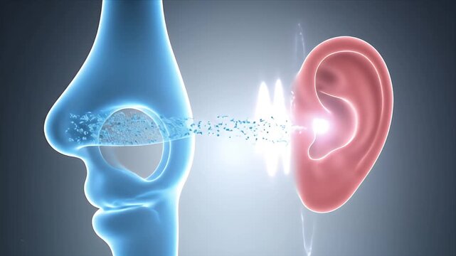 Conceptual medical visualization of sound waves traveling from the nasal cavity through the air to the human ear depicted with glowing particles and auditory waves in a dark studio setting