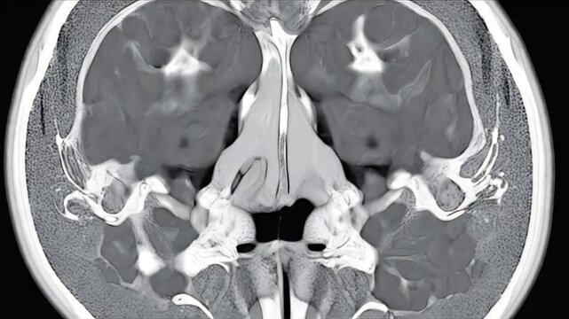 Coronal CT Scan of Human Sinuses Showing Inflammation and Opacity in the Maxillary and Ethmoid Sinuses Indicating Sinusitis