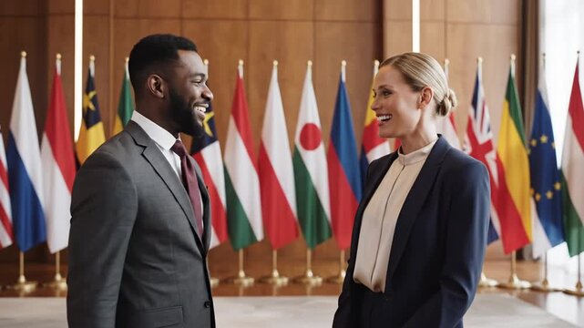 Man and woman smiling at international delegates meeting