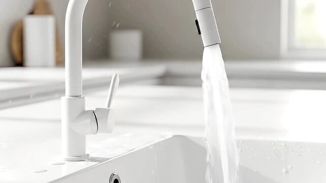 A close-up shot captures a person's hand turning on a sleek, modern white faucet in a minimalist kitchen setting. Fresh, clear water gushes powerfully into the pristine white sink, creating dynamic sp
