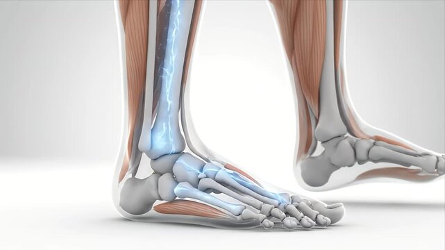 Detailed 3D Animation Shows Human Foot Anatomy Musculature And Skeletal Structure With Dynamic Bone And Muscle Movement Highlights