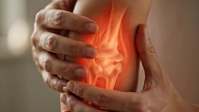 Close-up of a glowing human elbow joint, highlighting bone structure and radiating pain or inflammation, with hands framing the area suggesting discomfort or medical attention