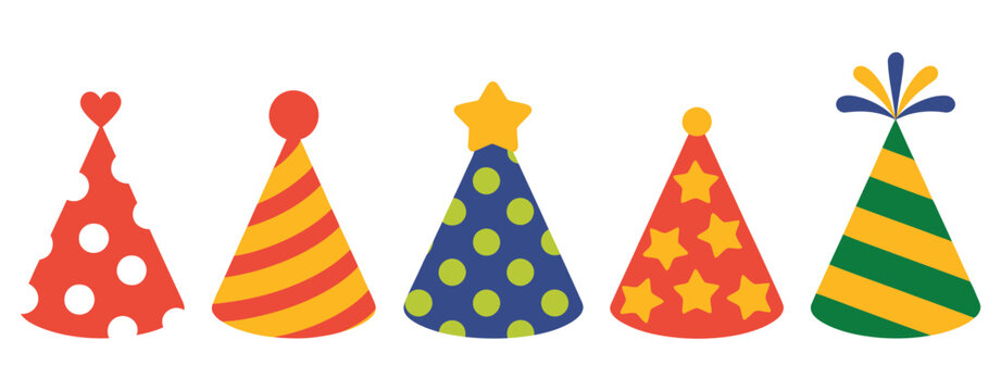 party hat illustrations set, isolated on white background hand drawn vector flat design birthday celebration festival carnival party clip art elements collection, colorful decorative party accessories