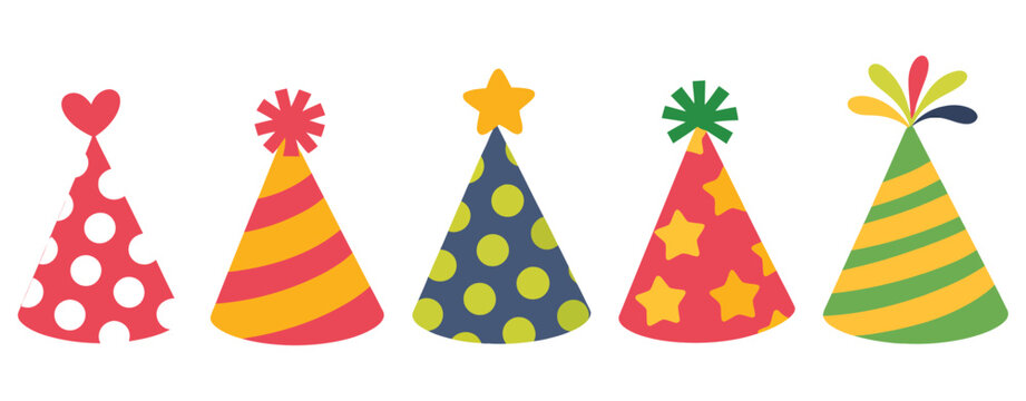 party hat illustrations set, isolated on white background hand drawn vector flat design birthday celebration festival carnival party clip art elements collection, colorful decorative party accessories